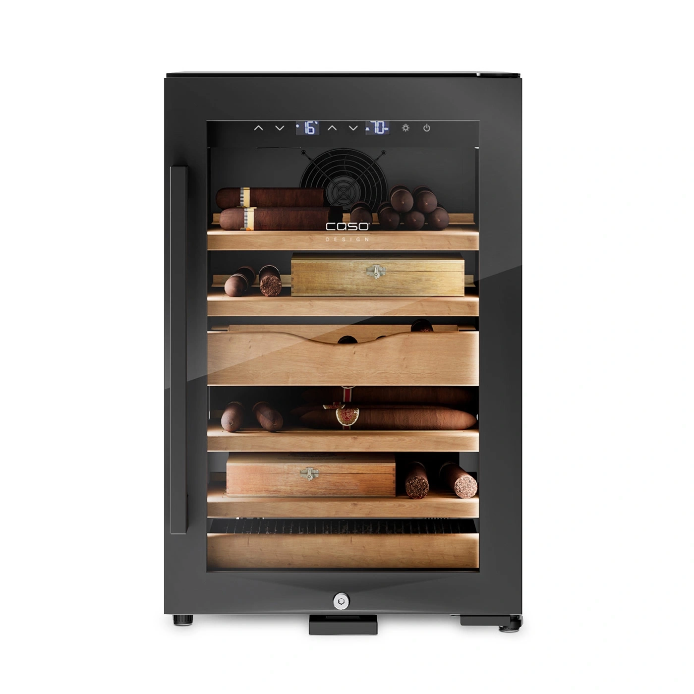 Cigar cooler with cigars and wooden shelves, black frame, glass front.