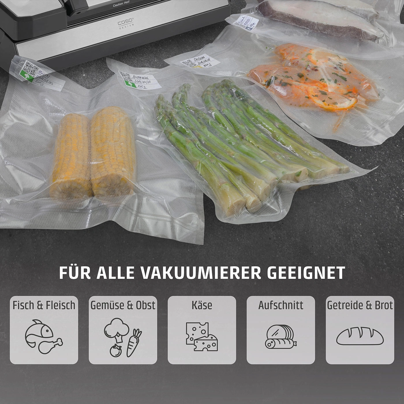 Vakuumverpackte Lebensmittel: Fisch, Gemüse, Käse, Aufschnitt, Brot. Geeignet für Vakuumierer.