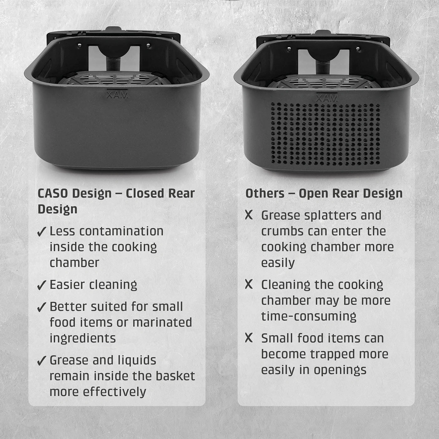 Comparison of two air fryer baskets: closed vs. open back with pros and cons.