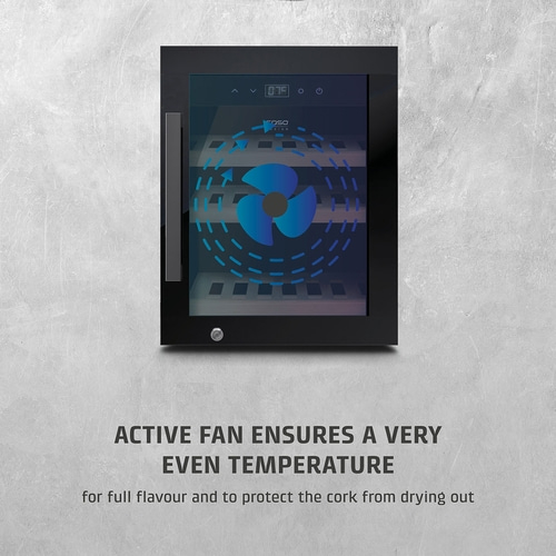 Wine cooler with active fans for even temperature and aroma, protecting the cork.