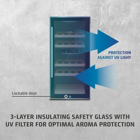 Wine cooler with UV filter, lockable door, aroma protection, 3-layer insulating glass.
