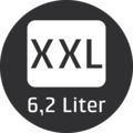 Großes XXL Logo mit '6,2 Liter' Angabe auf schwarzem Kreis.