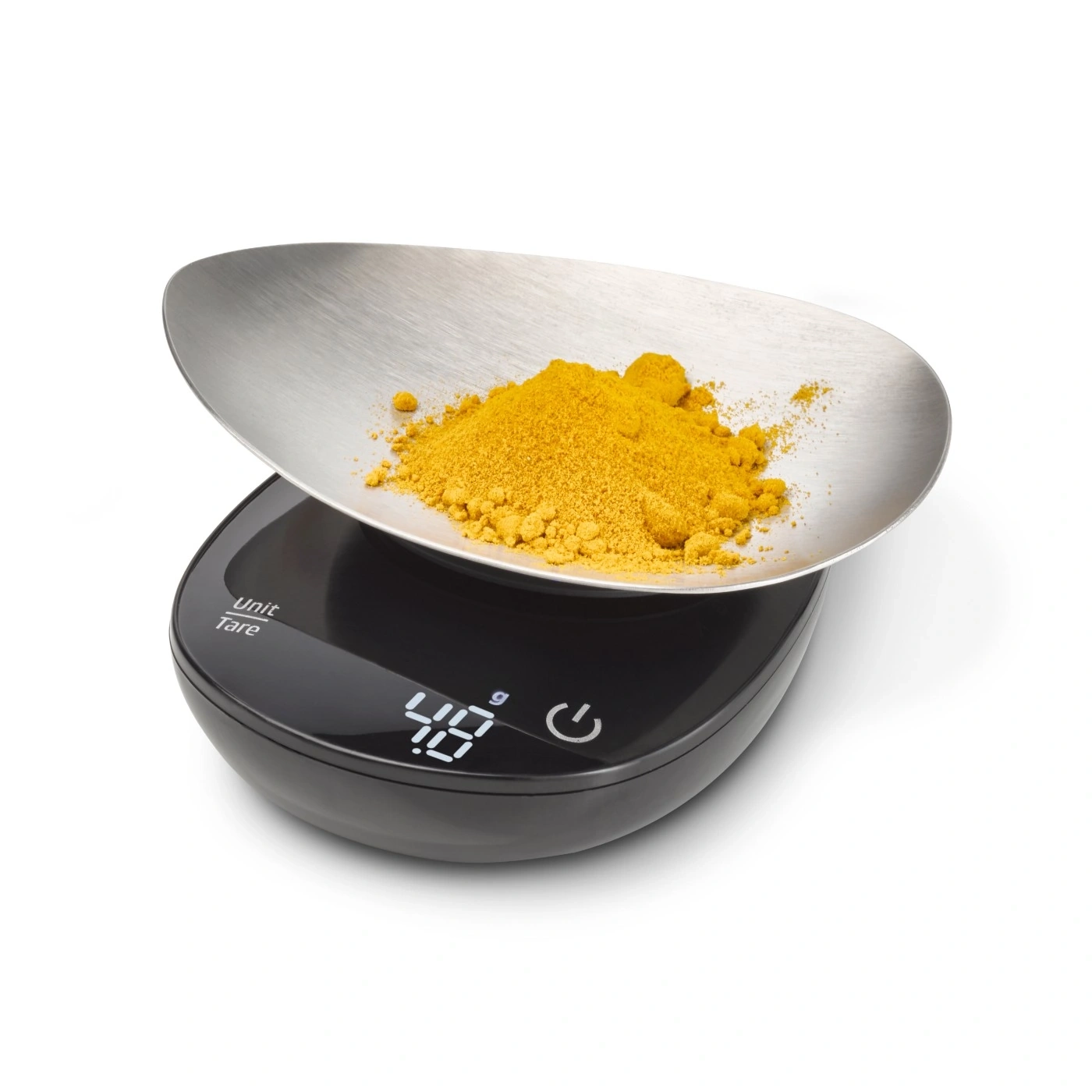 Scale with yellow powder in a bowl, displaying 48 grams on the screen.