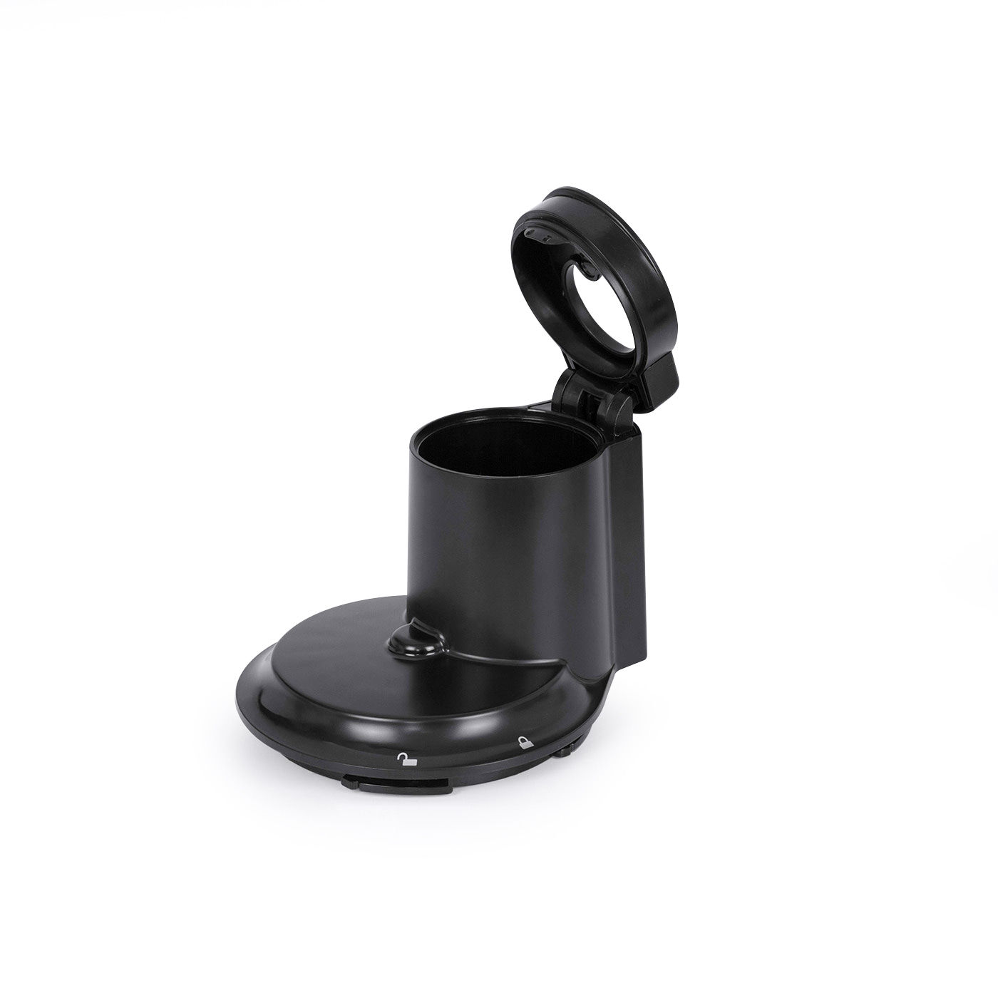 Black plastic part with lid and opening, isolated on a white background.