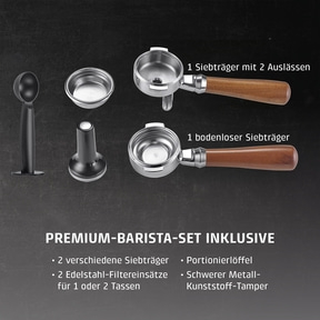 Ein Premium Barista Set für Kaffeeliebhaber mit Siebträgern und Zubehör.