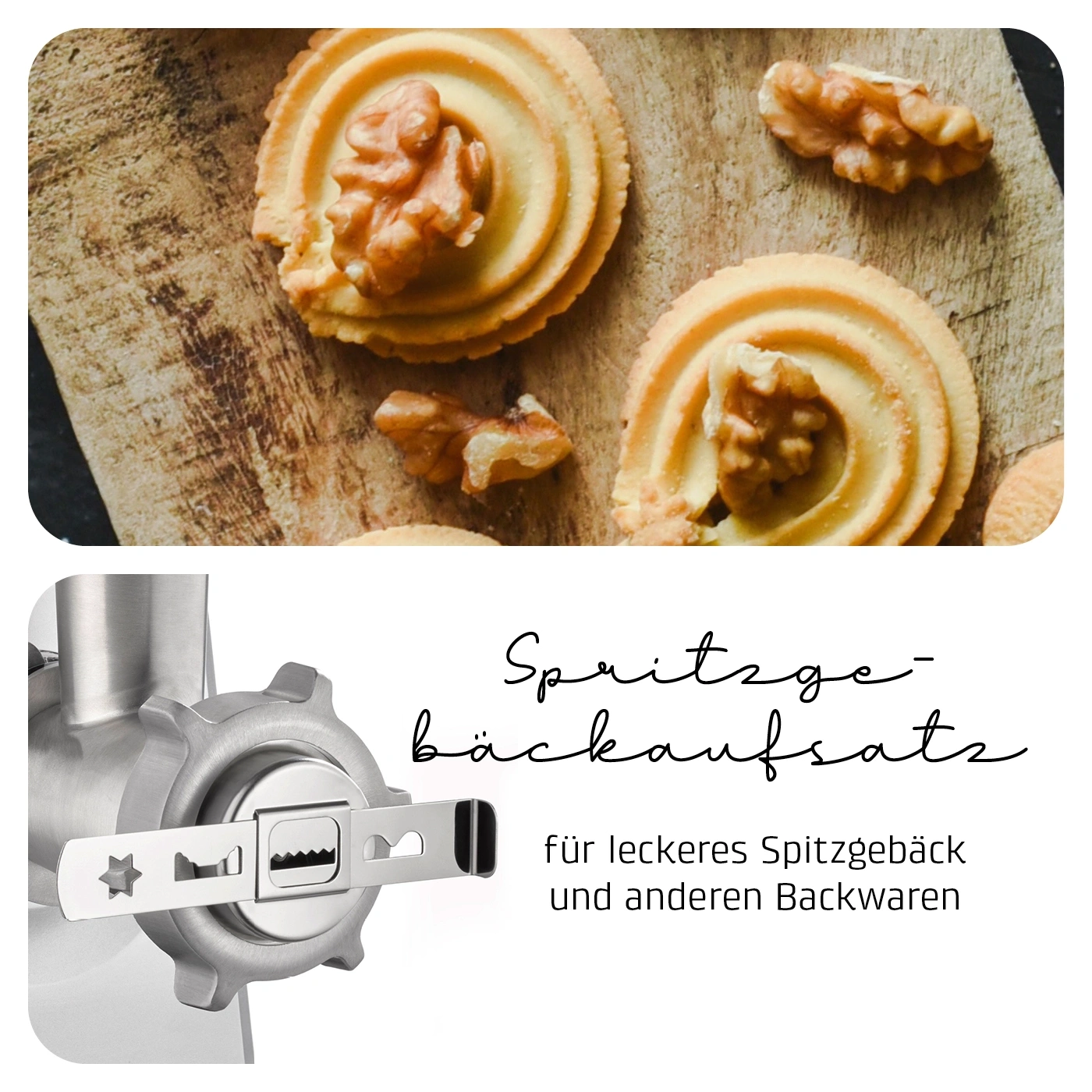 Kekse mit Walnüssen auf Holzbrett und Spritzgebäck-Backaufsatz