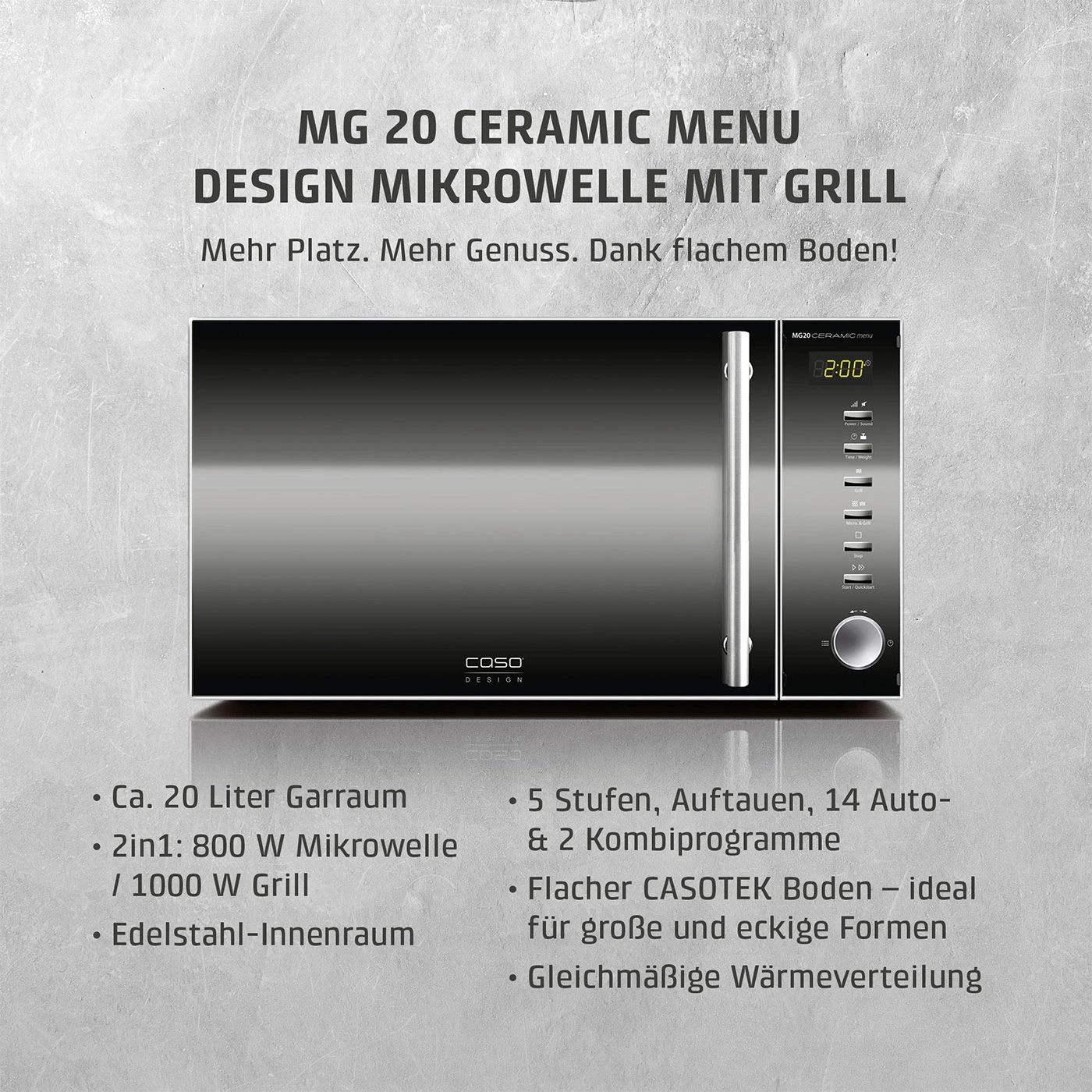 Eine schwarze Mikrowelle mit Grill von CASO DESIGN mit der Aufschrift MG 20 CERAMIC MENU.