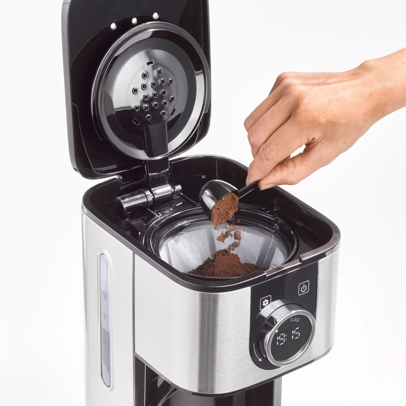 Kaffeemaschine mit Kaffeepulver, Hand, Löffel, digitaler Anzeige, Edelstahl
