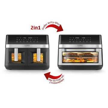 2in1 Airfryer-Ofen mit 2 Frittierkörben, schwarz und silber, Essen zubereiten.
