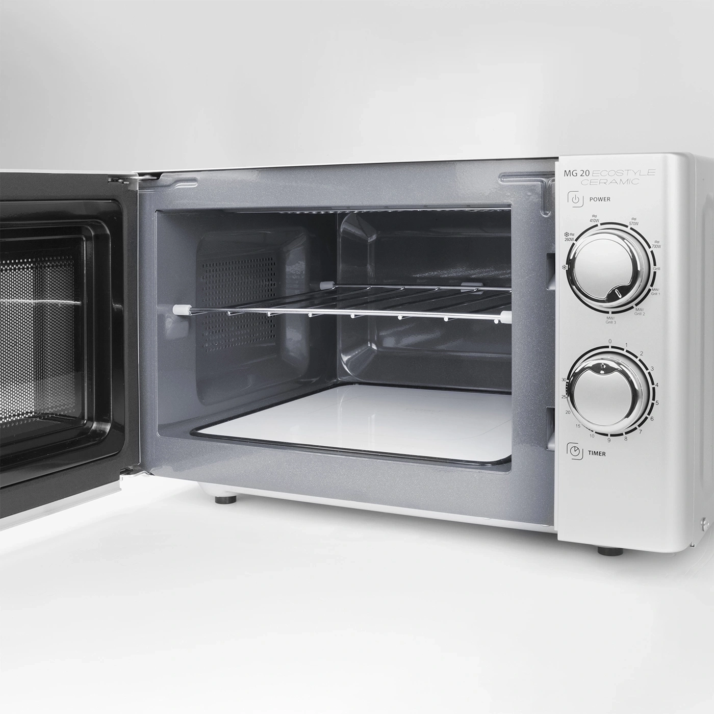 Microwave with open door, control panel and timer function. MG 20 ECOSTYLE CERAMIC.