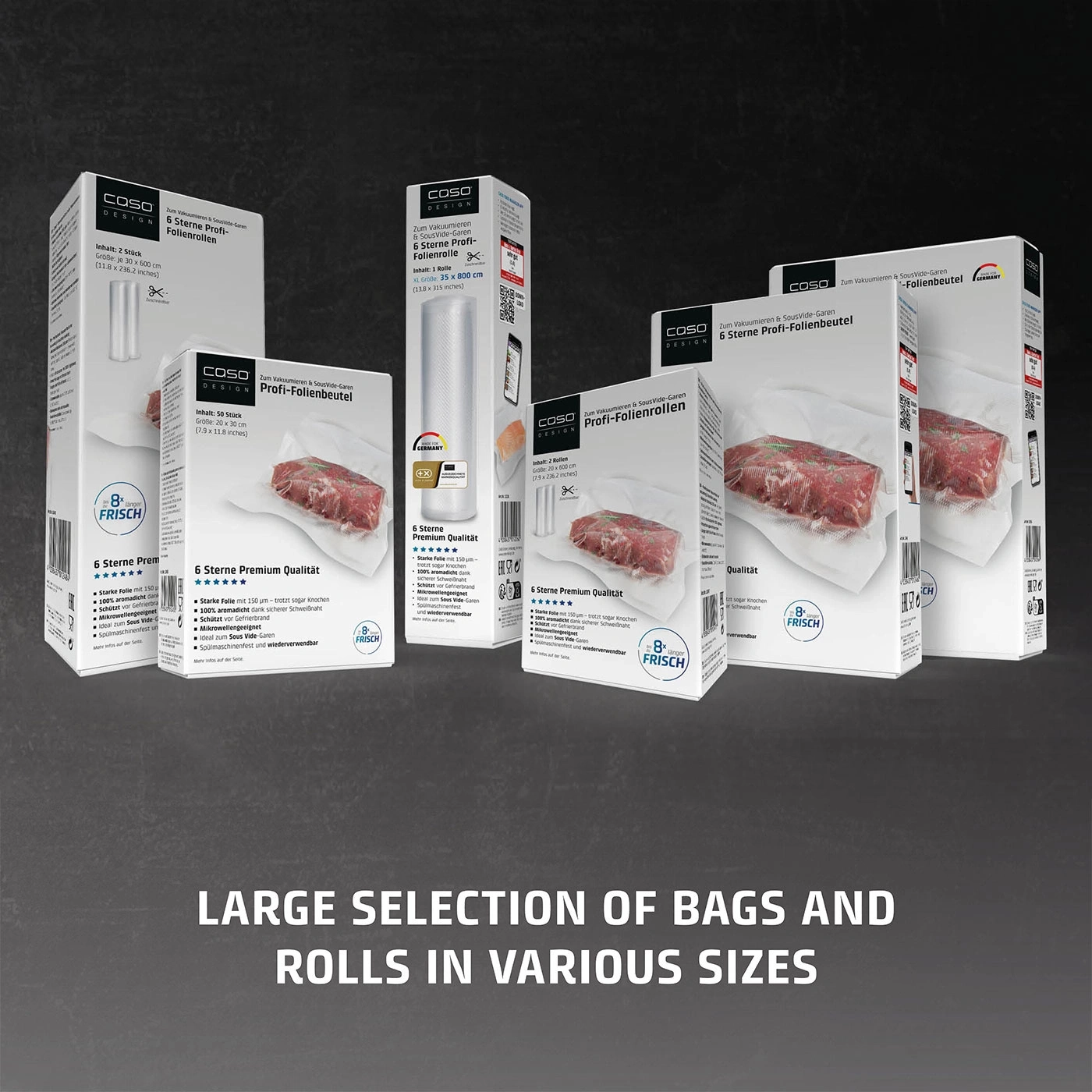 Various vacuum bags and rolls from the brand COSO emphasizing "6 Star Pro Film Quality".