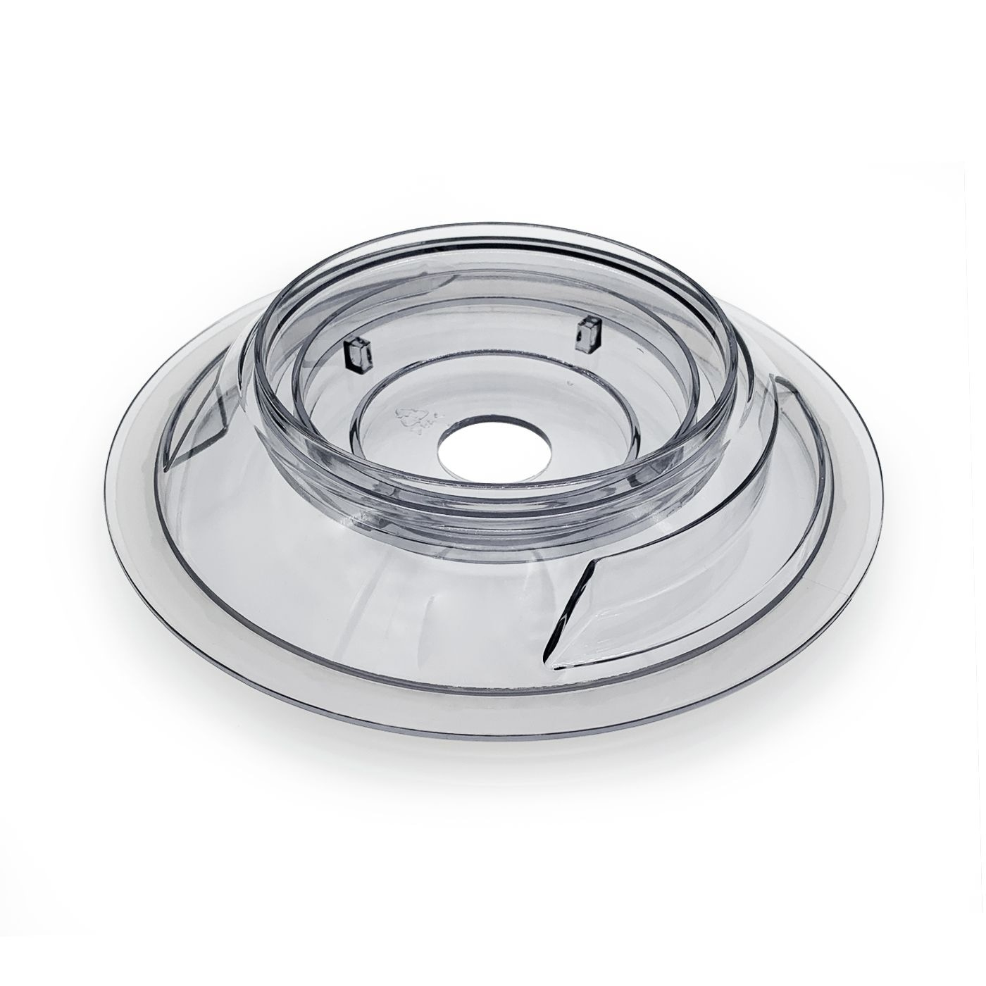 Transparente Kunststoff-Küchenmaschine mit kreisförmigen Elementen und einem Loch in der Mitte.