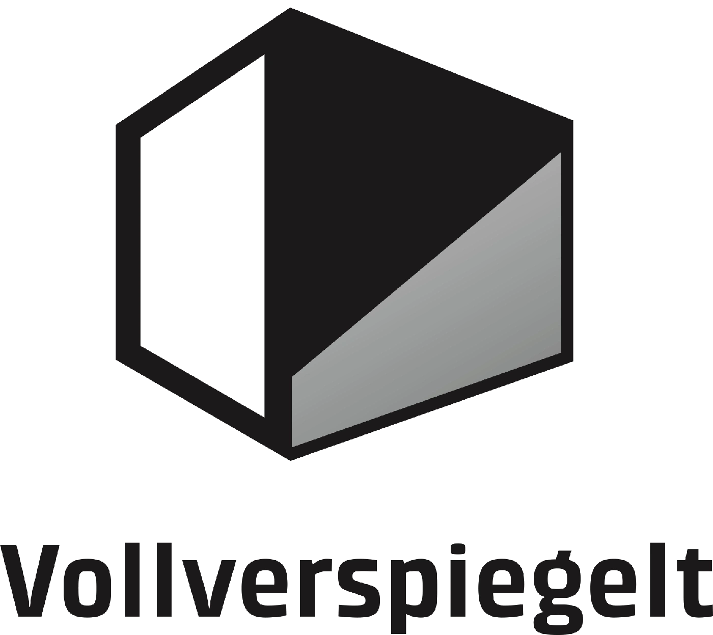 Logo mit geometrischem Würfel und Schriftzug Vollverspiegelt