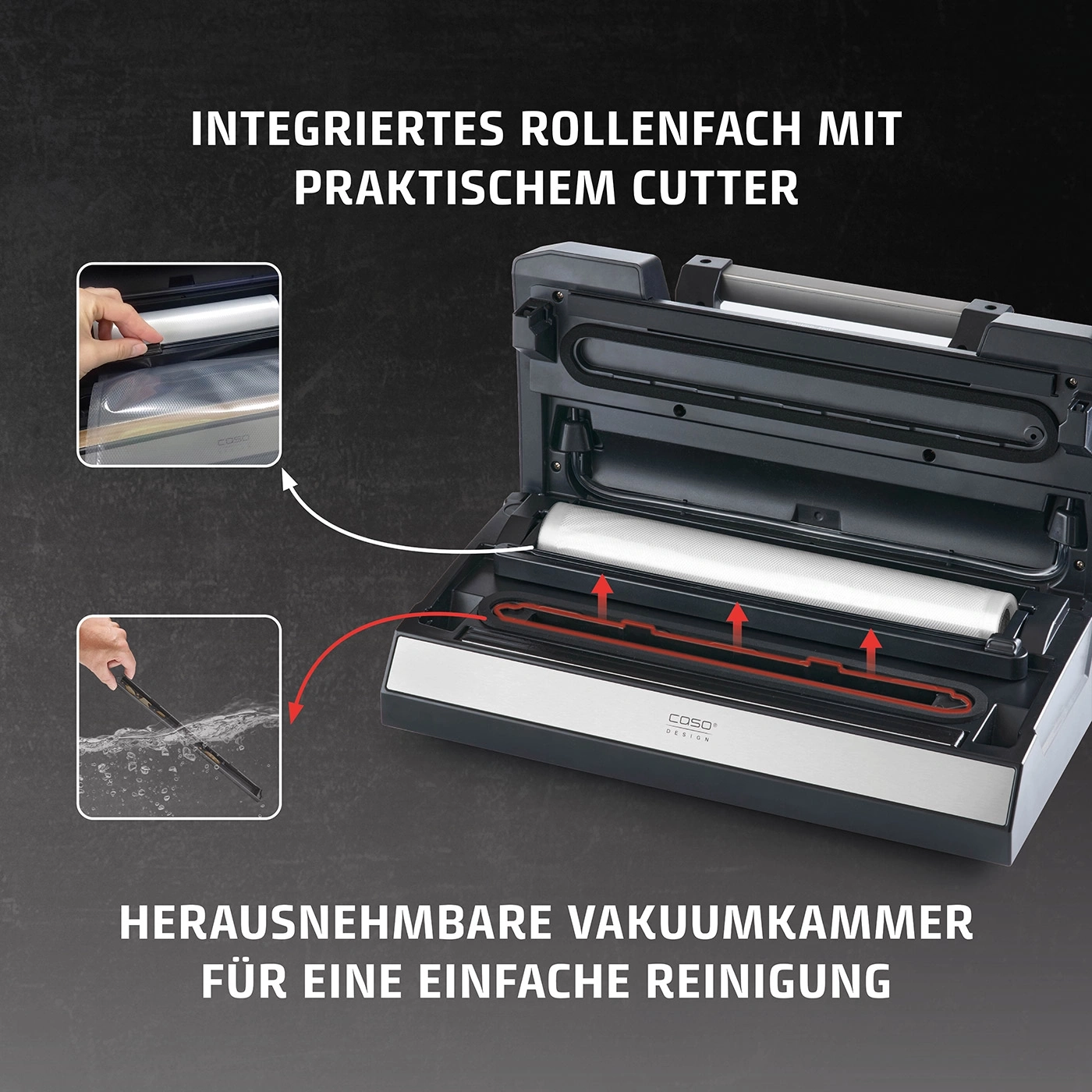 Vakuumiergerät mit Rollenfach und Cutter für einfache Reinigung