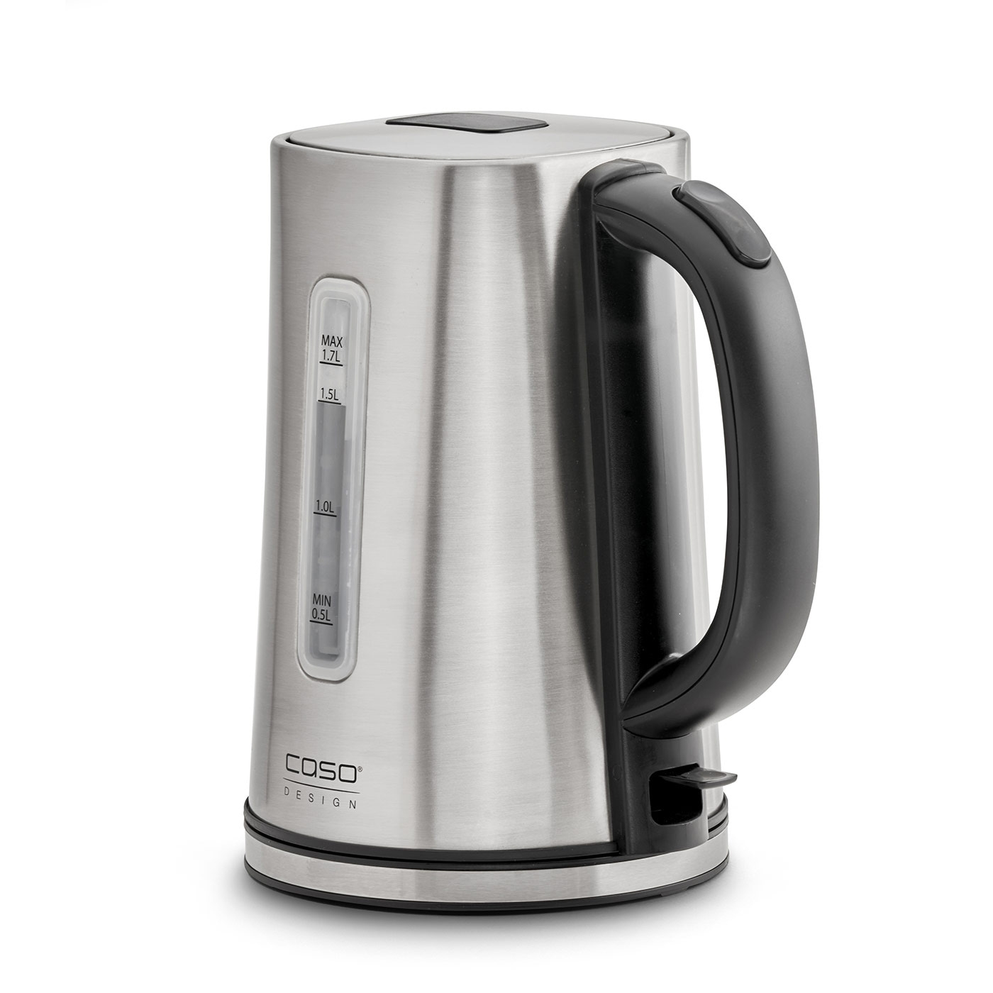 Stainless steel electric kettle with black handle and water level indicator, Caso Design
