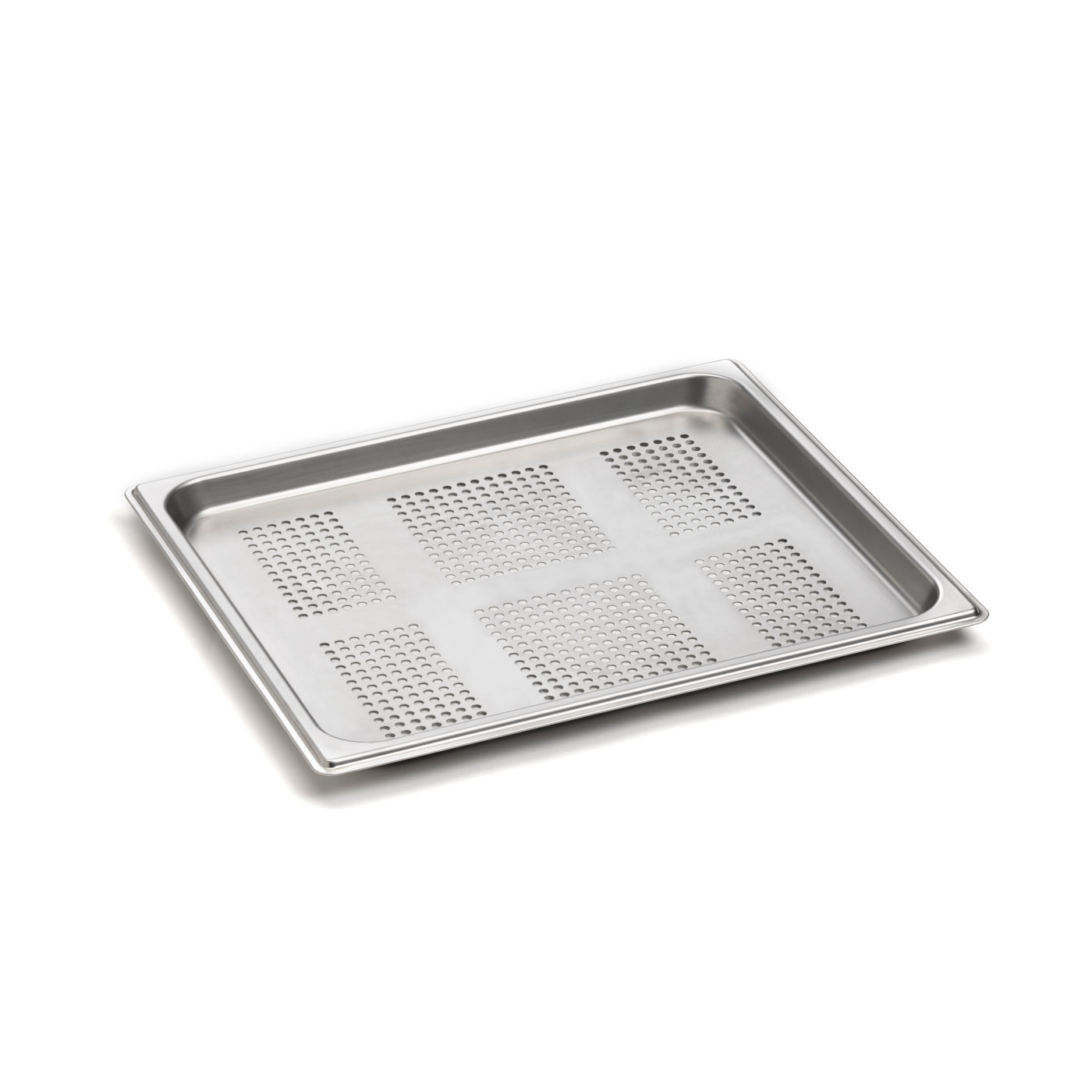 Stainless steel perforated tray, rectangular, for catering, empty, isolated on white