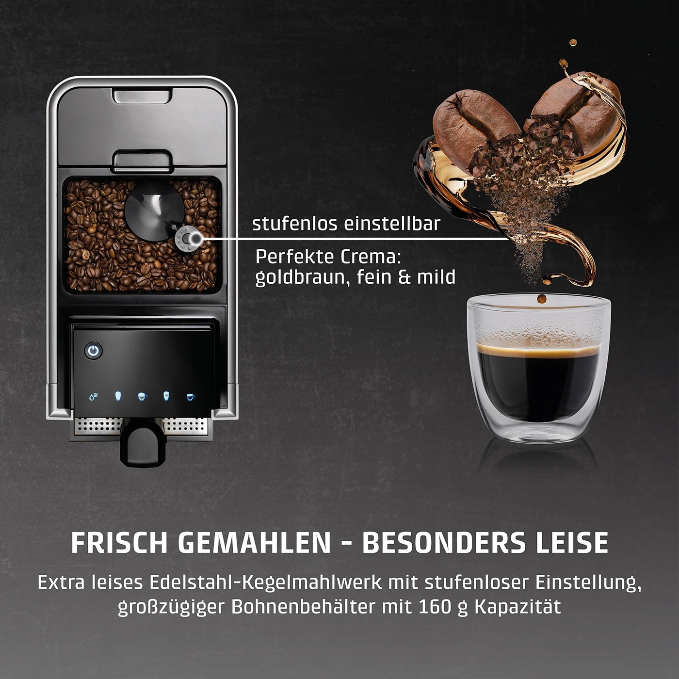 Kaffeemaschine mit Kaffeebohnen, perfekter Crema und Text. Frisch gemahlen, besonders leise.
