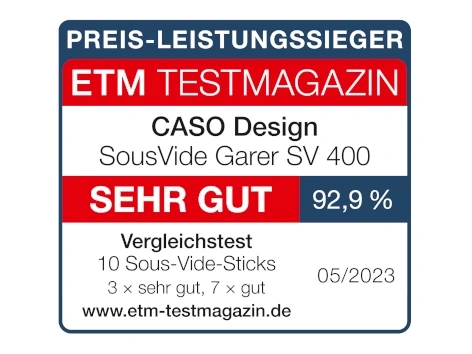 Auszeichnung für Caso Design SousVide Garer SV 400, ETM Testmagazin, sehr gut, 92,9%, 05/2023