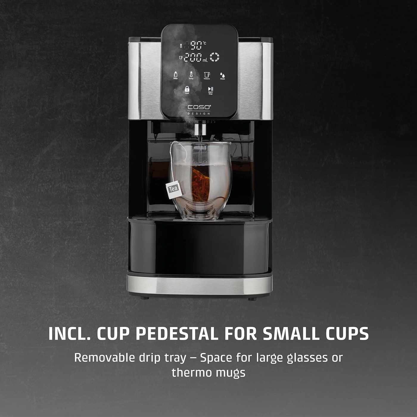 Tea machine with cup stand, temperature display, and removable drip tray for glasses.