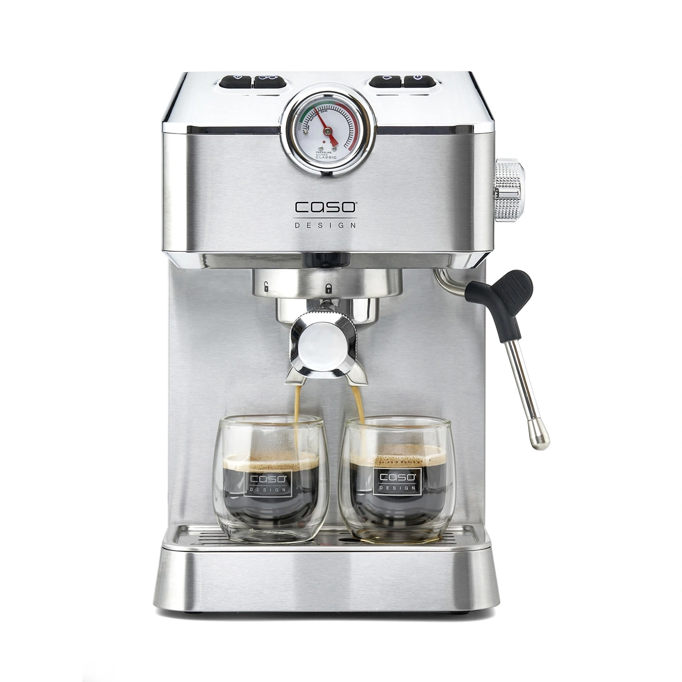 Espresso machine with two glasses pouring coffee, with logo and design.