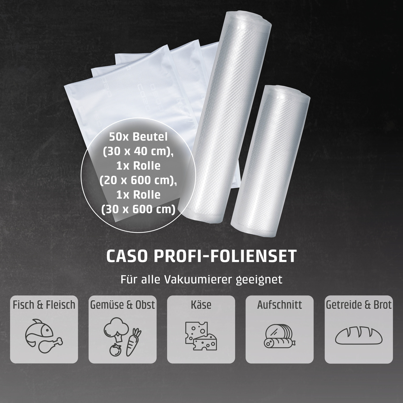 CASO PROFI-FOLIENSET, vacuum sealer, fish, meat, vegetables, fruit, cheese, cold cuts, grain, bread