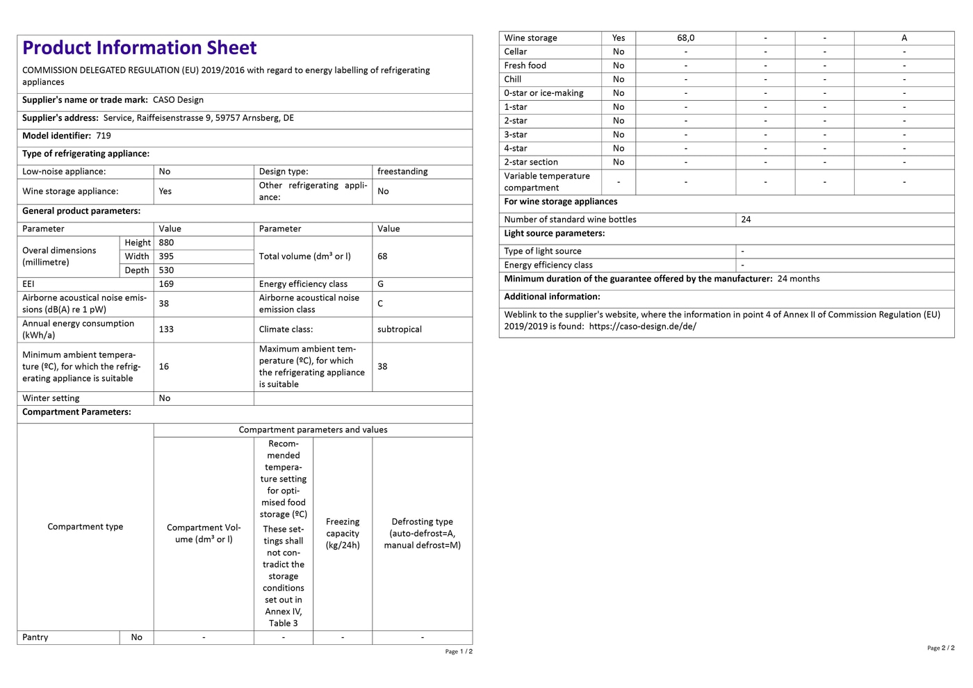 Product data sheet with technical specifications for refrigerators, including energy efficiency and dimensions.