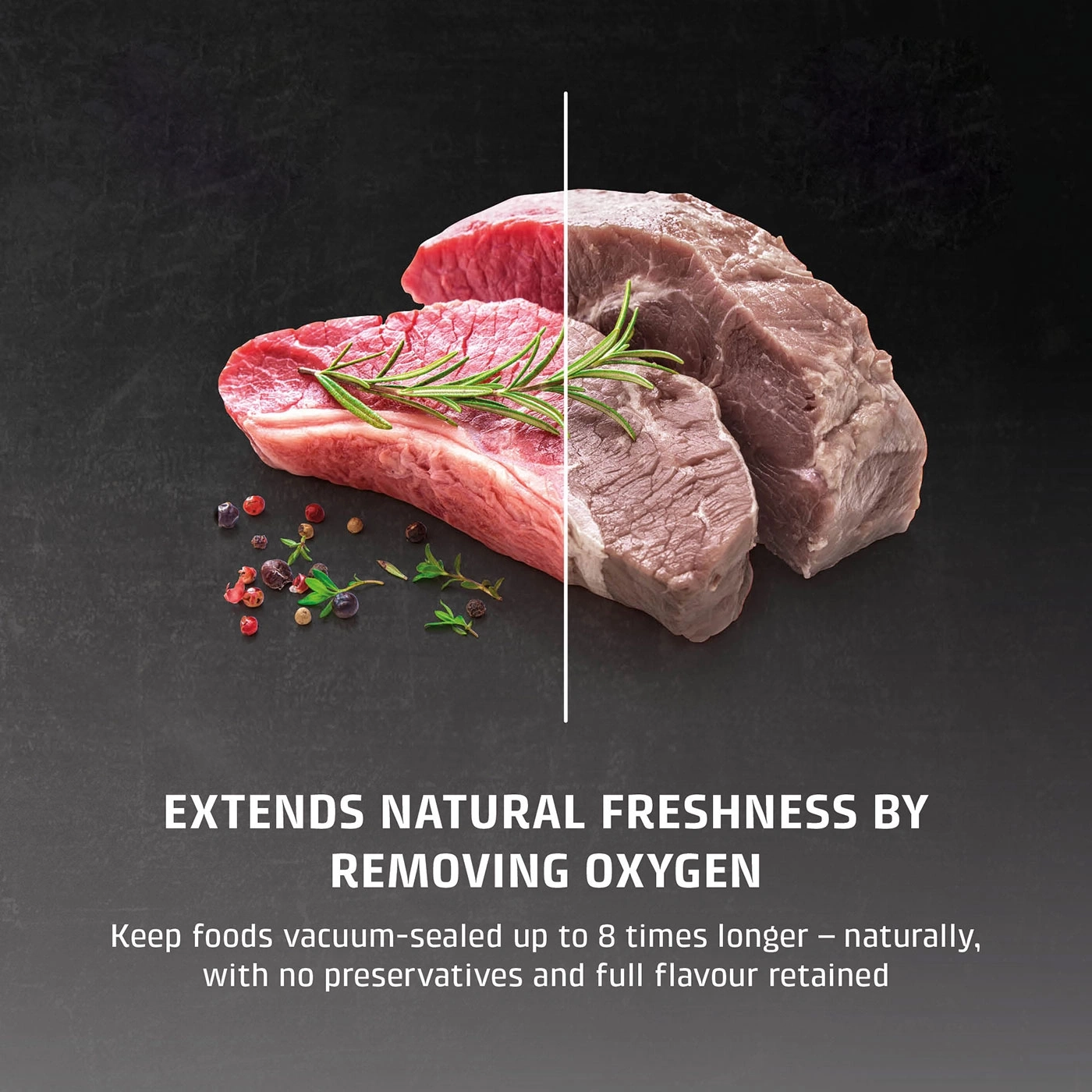 Fresh meat compared to normally stored meat with text overlays