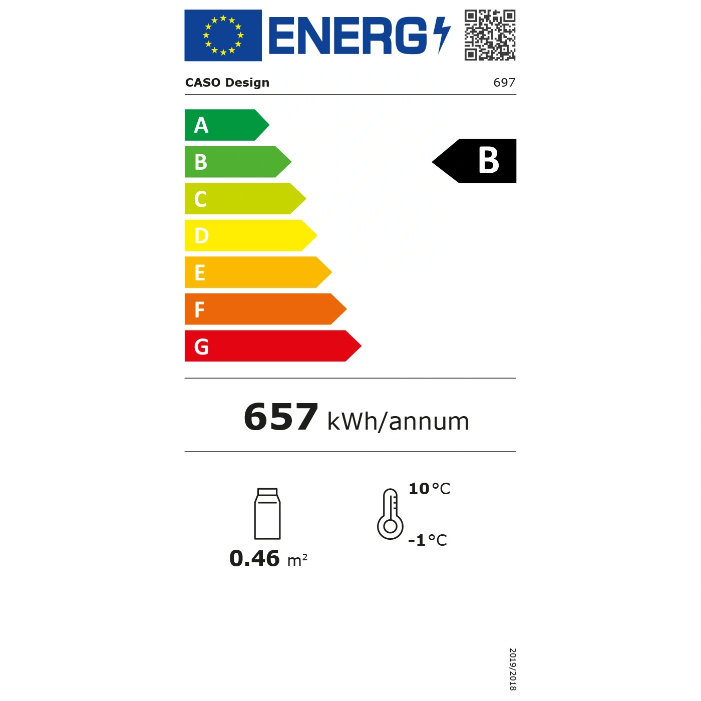 Energy label CASO Design, class B, 657 kWh/annum, 0.46 m², 10°C to -1°C