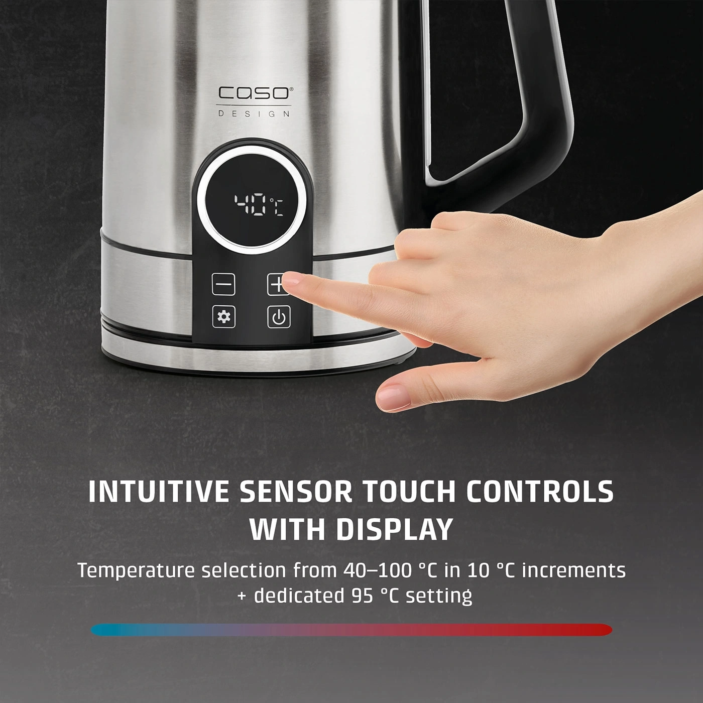 A hand operates a kettle with a touch display for intuitive sensor control.