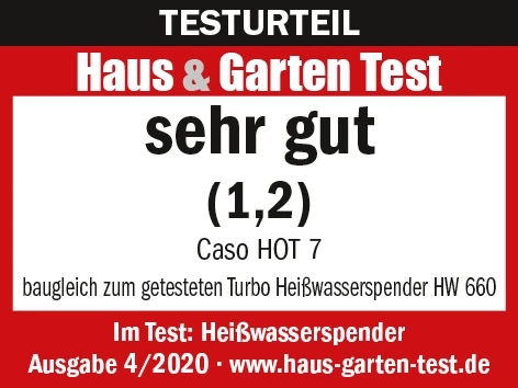 Haus & Garten Test, very good (1.2), Caso HOT 7, hot water dispenser, issue 4/2020
