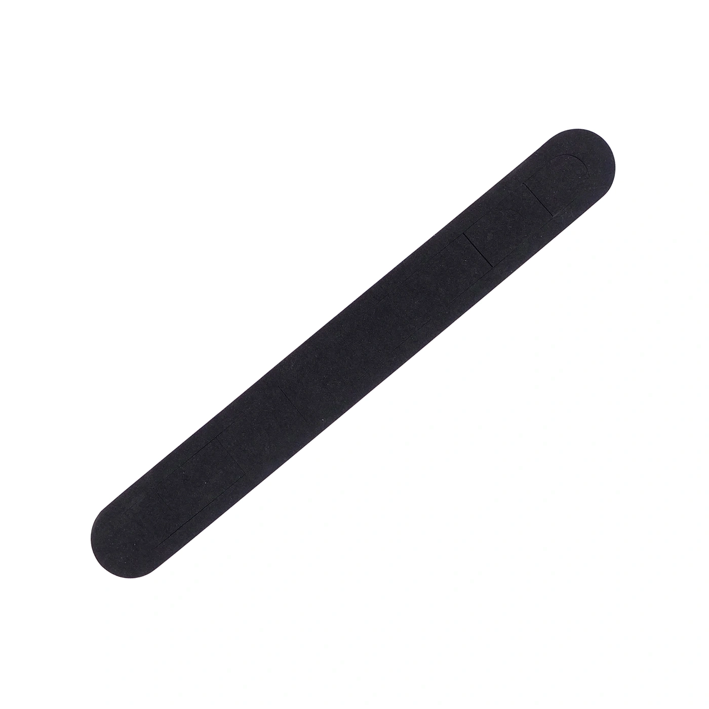 Black, elongated object with rounded ends and rectangular cutouts. 