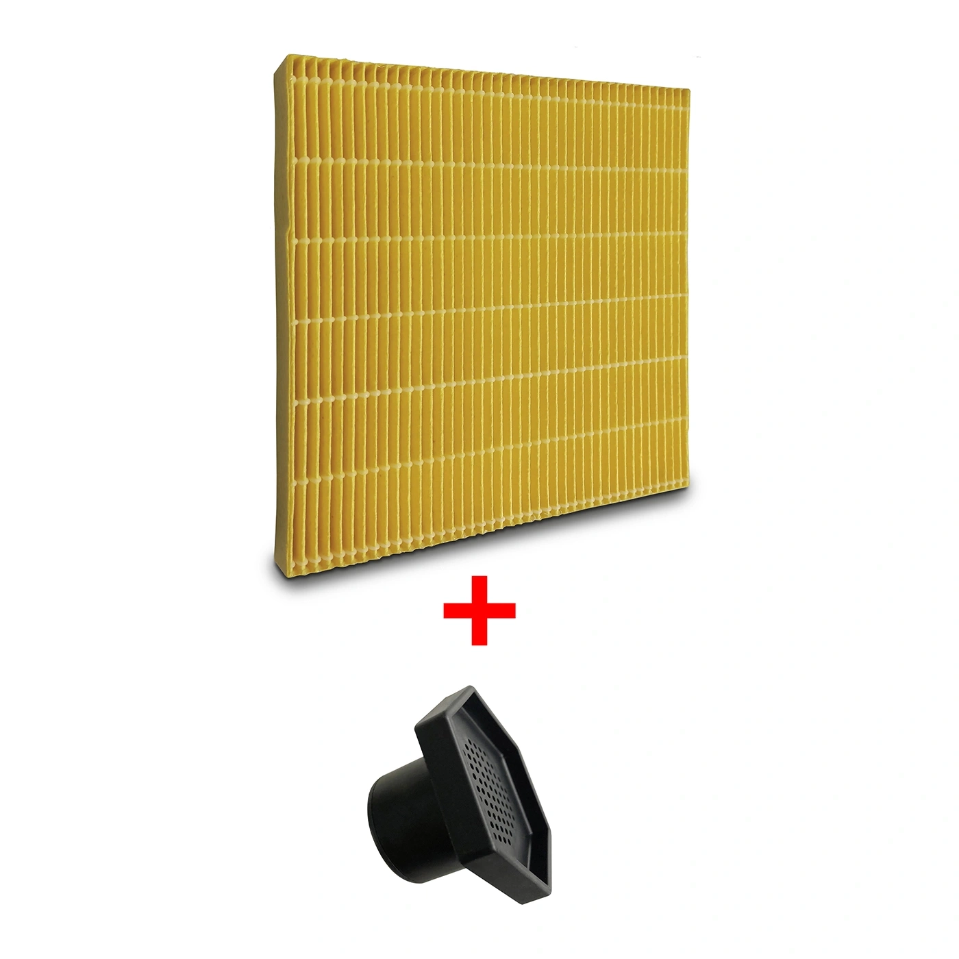 Gelber Filter und schwarzes Zubehör, mit einem Pluszeichen