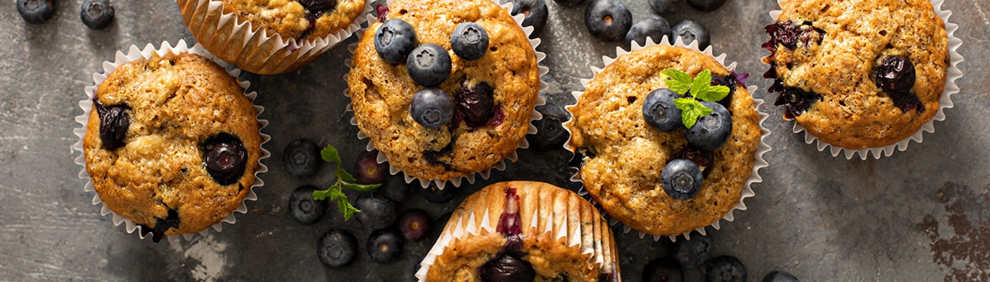 Blaubeermuffins auf grauem Untergrund, mit Blaubeeren dekoriert, Nahaufnahme