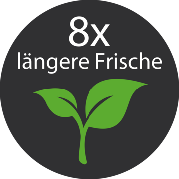 8x längere Frische, grünes Blatt, schwarzer Hintergrund, weißer Text, Lebensmittel