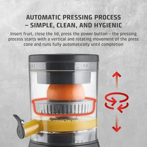 Automatic juicer: Easy, clean, hygienic. Insert fruit, press button, done. Vertical and rotating movement.