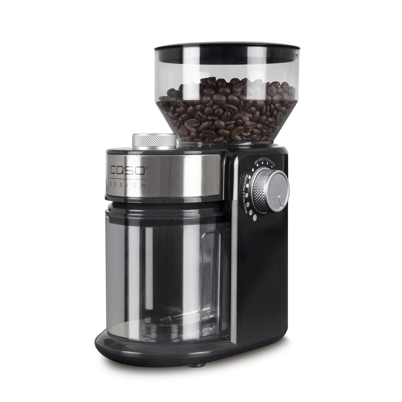 Kaffeemühle mit Bohnen und Einstellrad für verschiedene Mahlgrade