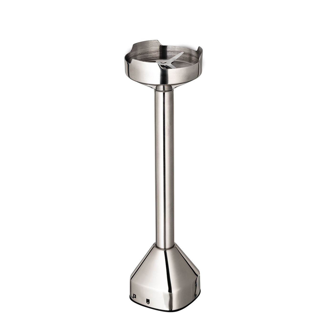 Stainless steel immersion blender attachment with blade and conical base, isolated on white background