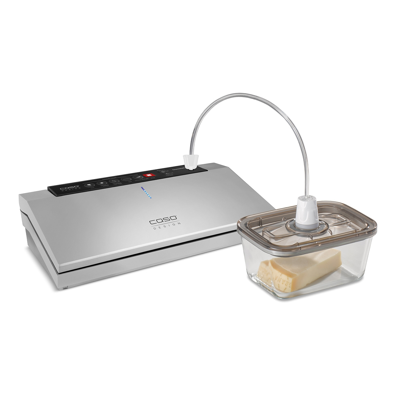 Vacuum sealer with container and cheese, silver, Caso Design.