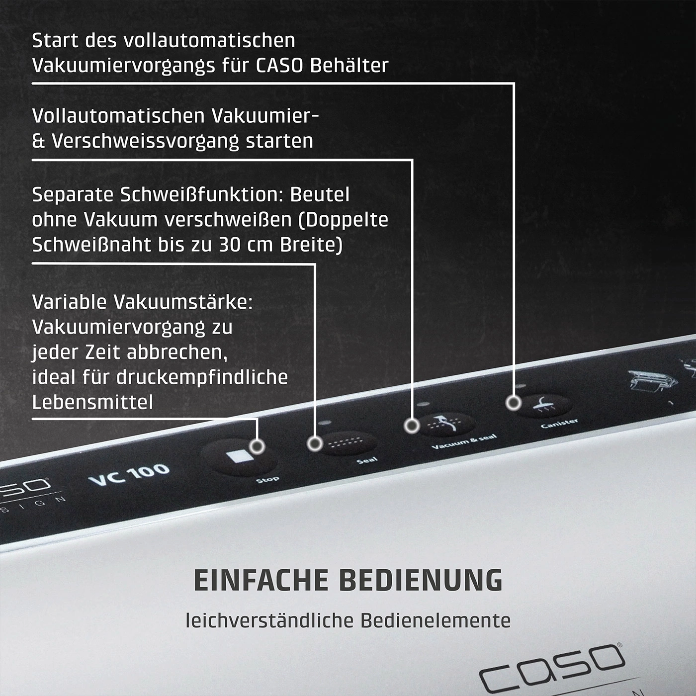 Vakuumiergerät mit Funktionen: Start, Vakuum, Schweißen, Stopp, Behälter, einfach zu bedienen.