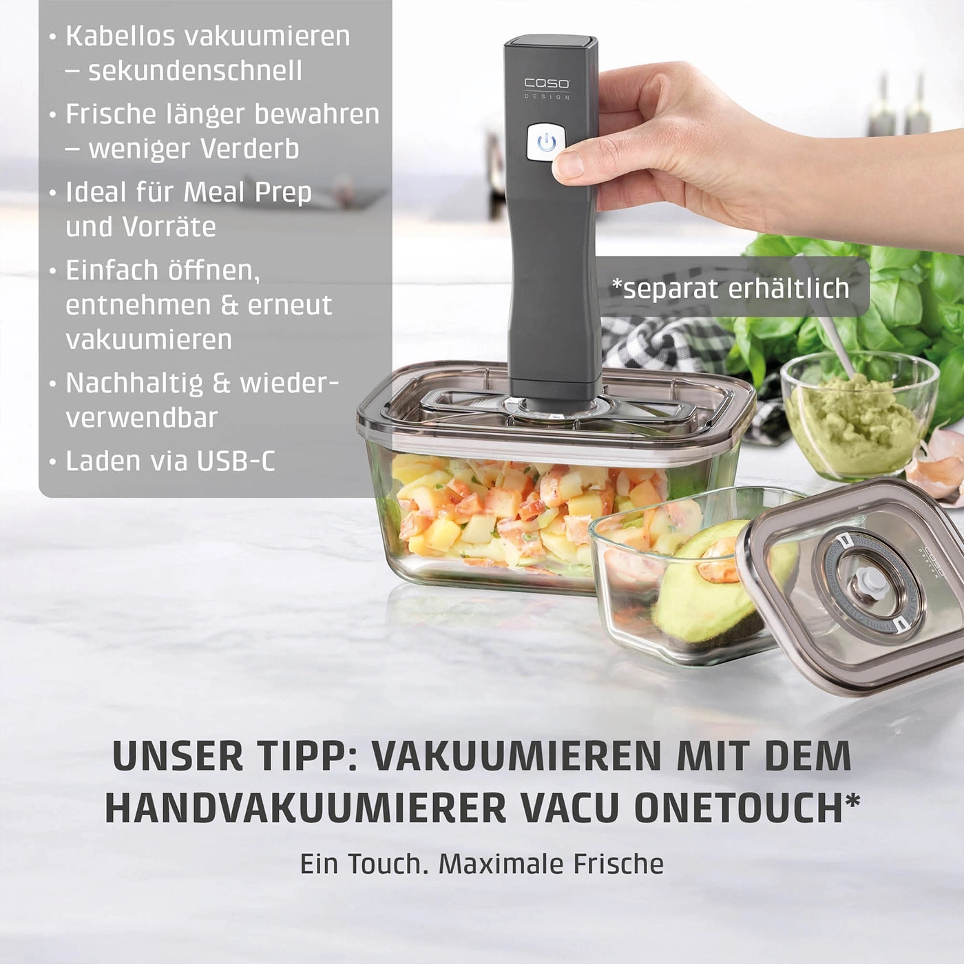 Ein Handvakuumierer von Caso Design, der Lebensmittel vakuumversiegelt, um sie frisch zu halten.