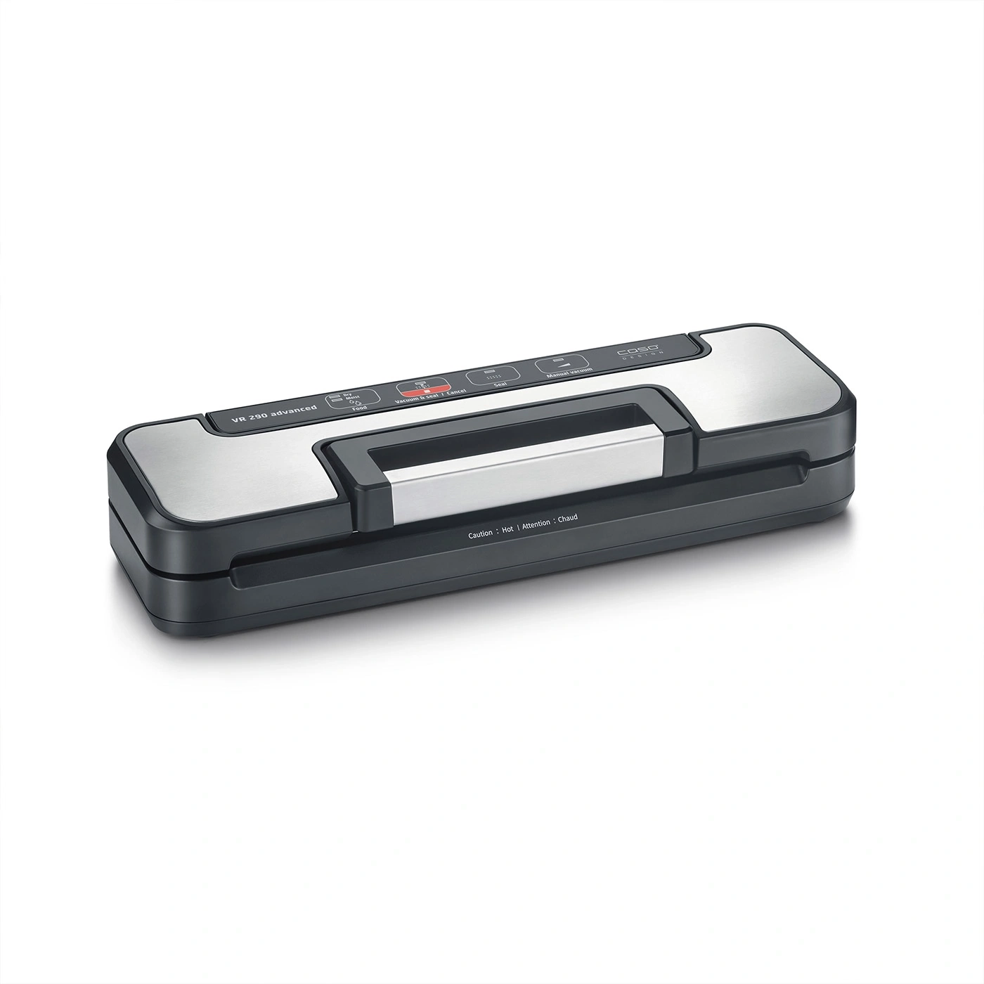 A Caso brand vacuum sealer with a metal and black plastic body.