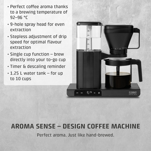 A black CASO coffee machine with a water tank, coffee pot, and control panel.