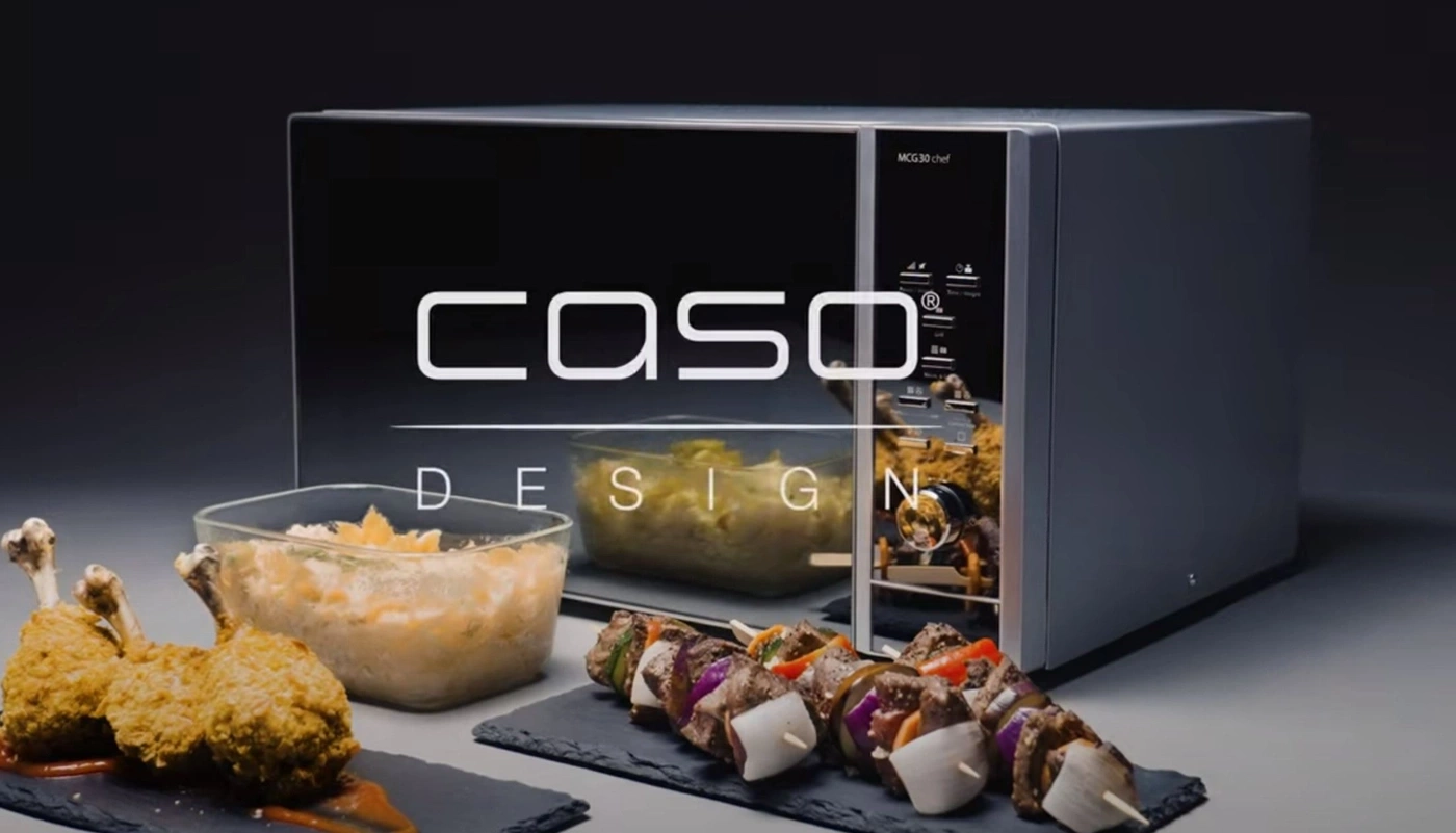 Microwave with food, Caso Design, skewers, chicken legs, salad, kitchen appliance
