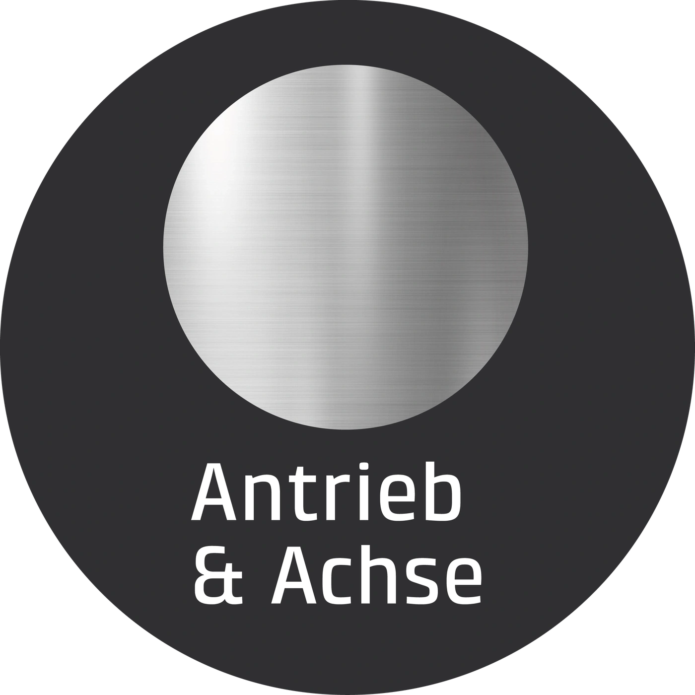 Kreis mit Text 'Antrieb & Achse' und metallischem Hintergrund