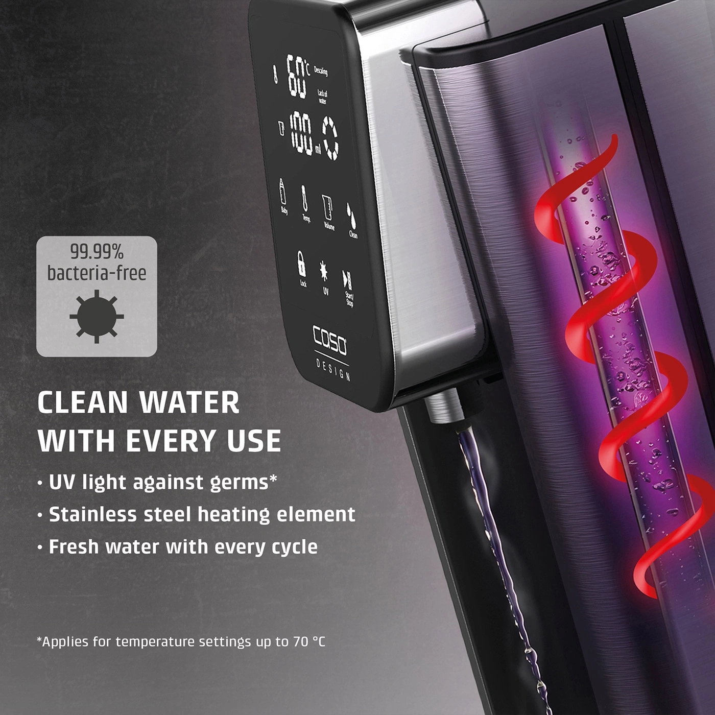 A water dispenser with a digital display and UV light purification.