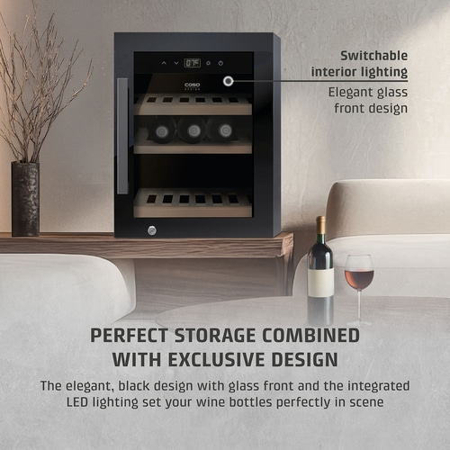 Wine cooler with elegant design, glass front, and interior lighting. Perfect wine storage.
