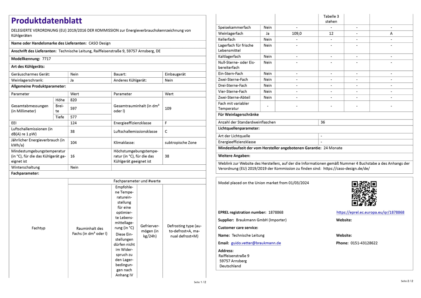 Produktdatenblatt mit technischen Details zu einem Kühlschrankmodell.