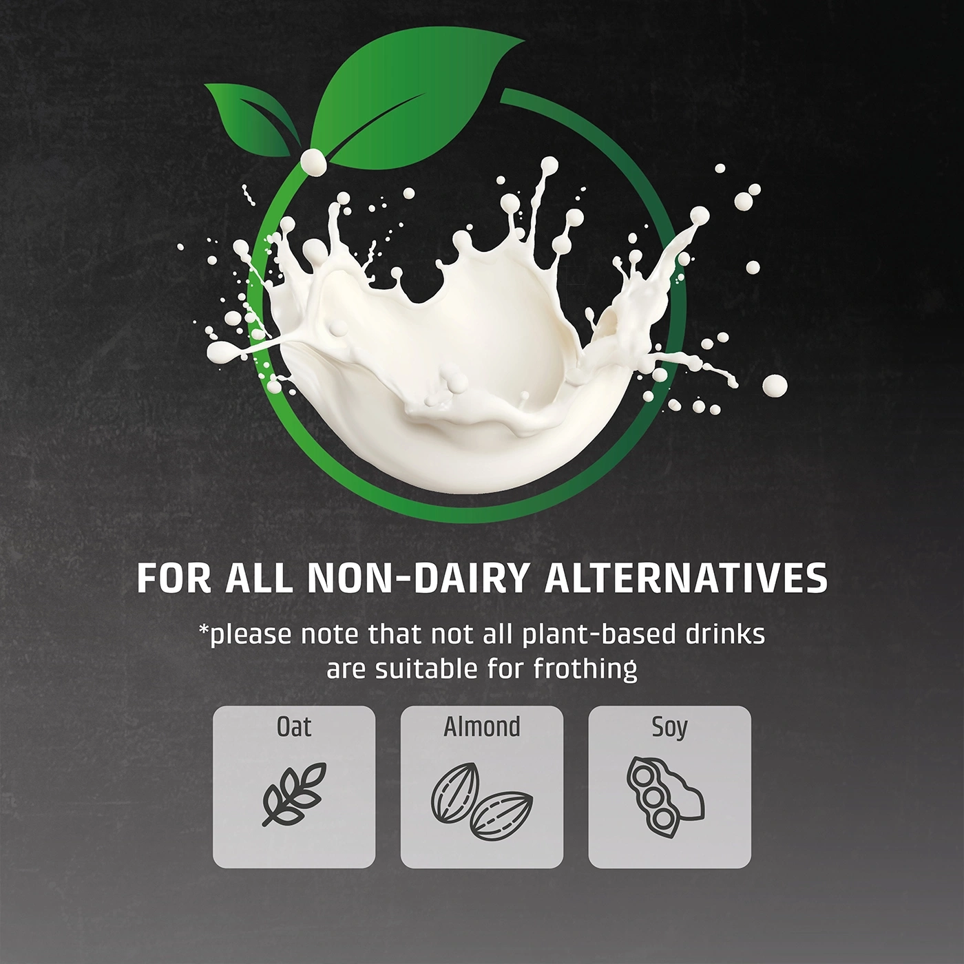 Advertisement for plant-based drinks with oat, almond, and soy. Suitable for frothing.