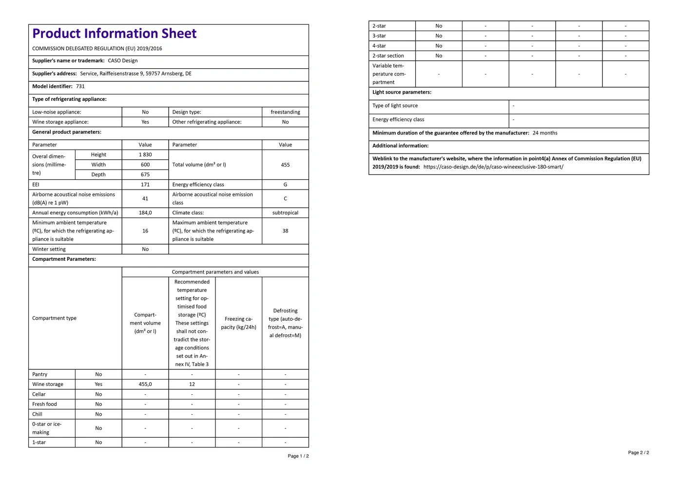 Product data sheet refrigerator CASO Design, wine storage, energy efficiency class G, 24 months warranty