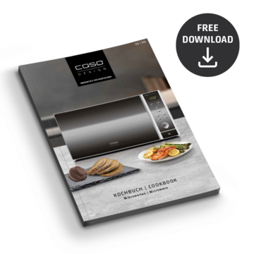 Cookbook cover with microwave, 'Free Download' button, Caso Design
